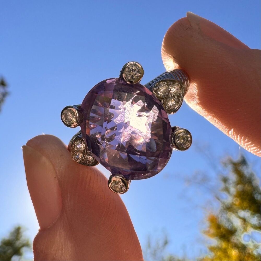 JUDITH RIPKA Sterling Silver Amethyst Ring w Hearts & CZ Size 8 - 925 Vintage - Picture 11 of 14